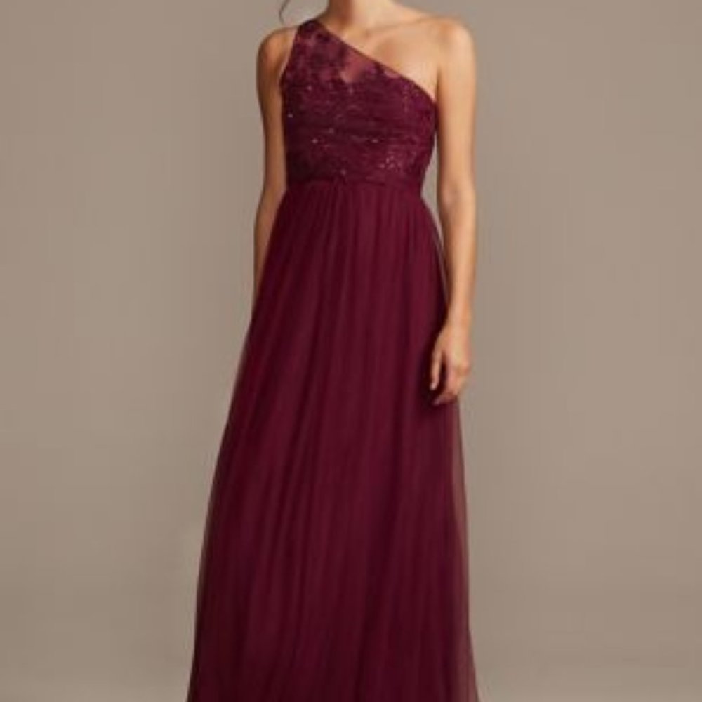 Grey One-Shoulder Embroidered Soft Net Bridesmaid Dress